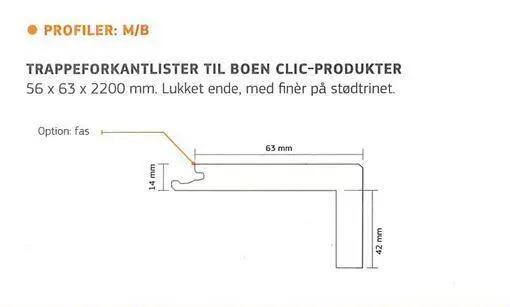 Boen trappkantprofil M/B - 56x63x2200 mm.